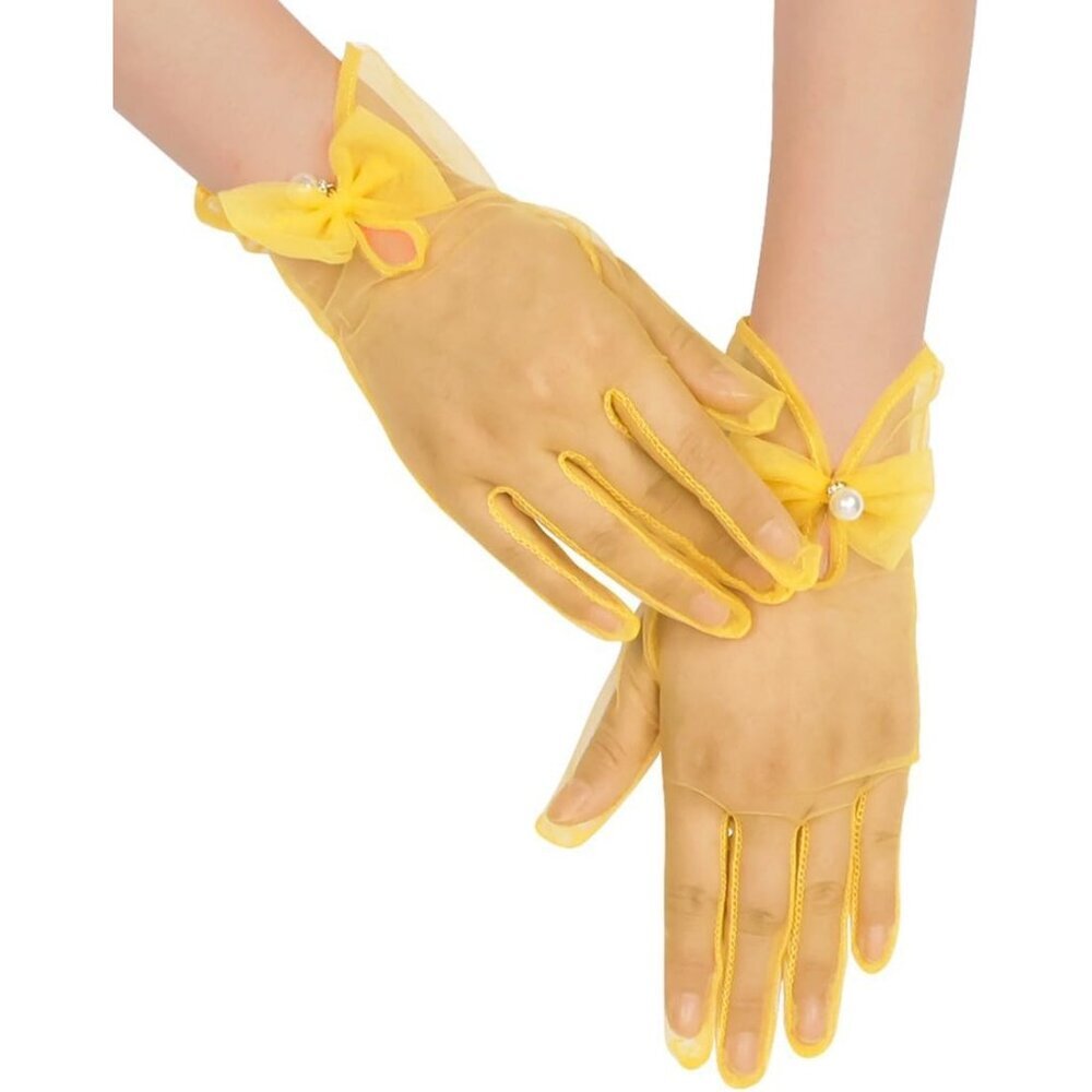 Women's Yellow Bow Tulle Pearls Mesh Tea Short Gloves Party Prom Accessories